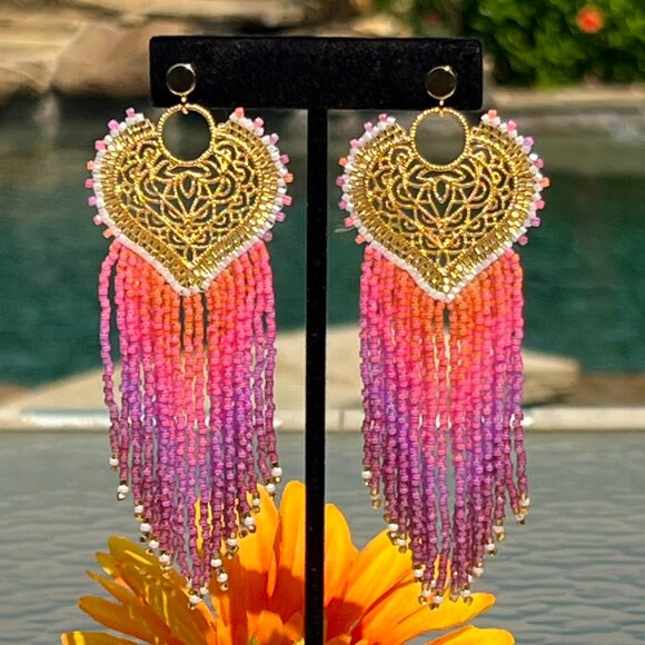 Handmade Beaded Long Fringe Dangle Drop Lightweight Sweetheart Post Earrings - Picture 7 of 10
